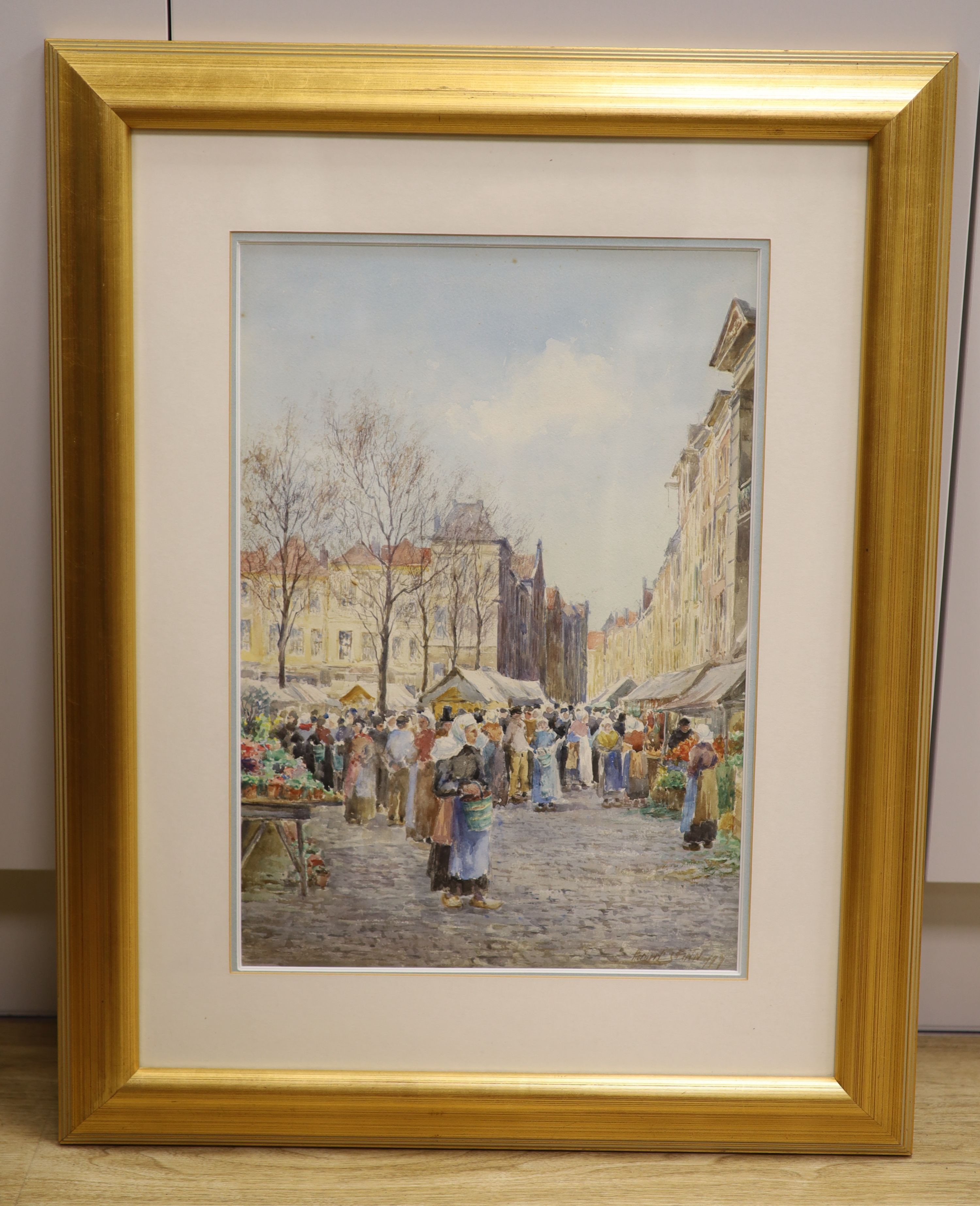 Henry Stann, watercolour, French market scene, signed, 46 x 31cm.